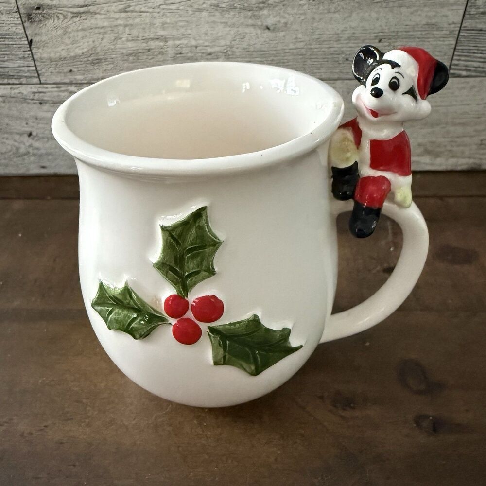 Vintage Walt Disney Productions Mickey Mouse Christmas Coffee Mug Japan Holly